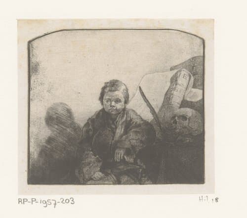 Zittende jongen bij een tafel met boek en schedel by Jean Pierre Norblin de la Gourdaine