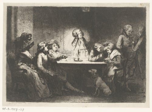 Gezelschap rond een tafel bij kaarslicht