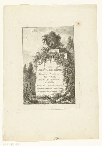 Titelblad met een antieke vaas op een sokkel by Hubert Robert