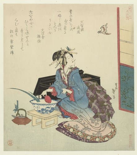Geisha kijkt op naar een vliegende koekoek