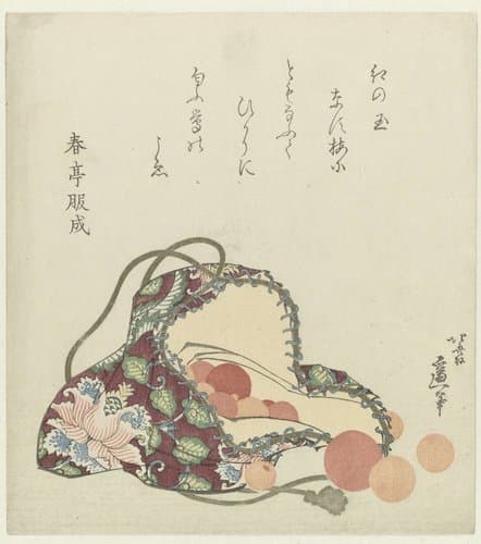 Kralen van kwarts met een tasje van brokaat by Katsushika Hokusai