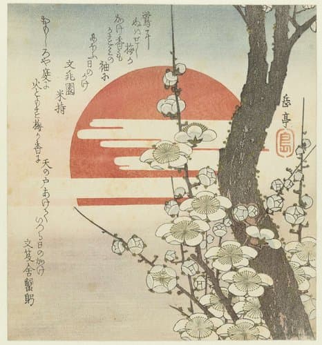 Pruimenbloesem voor de opgaande zon by Yashima Gakutei