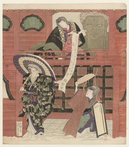 Drie acteurs bij een tempelpoort by Utagawa Kunisada (I)