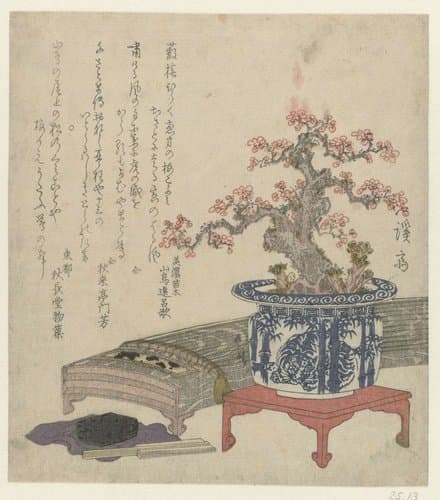 Koto met pruimenbloesem in pot by Keisai Eisen