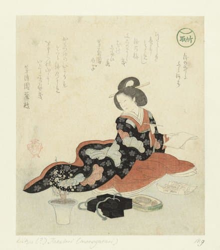 Vrouw schrijft een gedicht by Suzuki Kiitsu