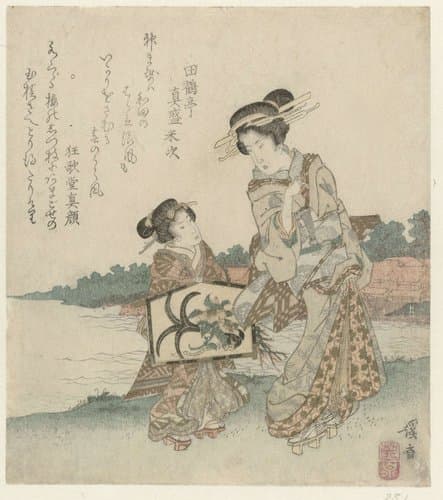 Vrouw en dienares met tempelgeschenk by Keisai Eisen