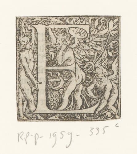Versierde letter E met drie spelende putti by anonymous; anonymous