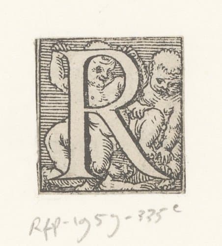 Versierde letter R met spelende naakte kinderen by anonymous; anonymous
