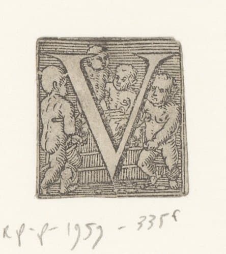 Versierde letter V met spelende naakte kinderen by anonymous; anonymous