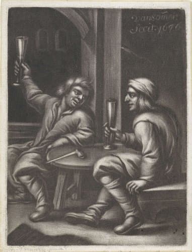 Twee drinkende mannen aan een tafel by Jan van Somer