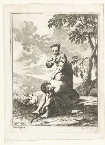 Meisje kietelt een slapende herder by Giuseppe Maria Crespi