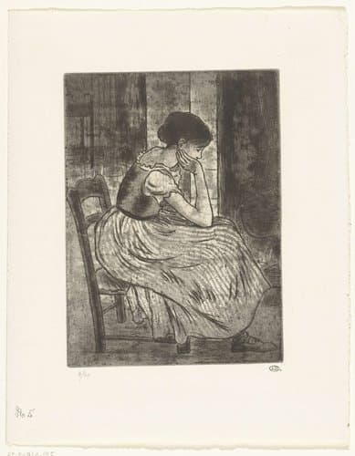Jonge vrouw zittend bij een haardvuur by Lucien Pissarro