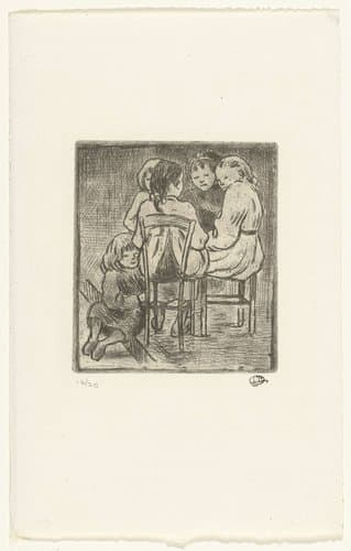 Groep van vijf zittende meisjes by Lucien Pissarro