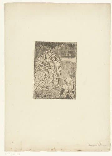 Vrouw met twee meisjes in een weide by Lucien Pissarro