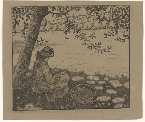 Meisje onder een boom in een weiland by Lucien Pissarro