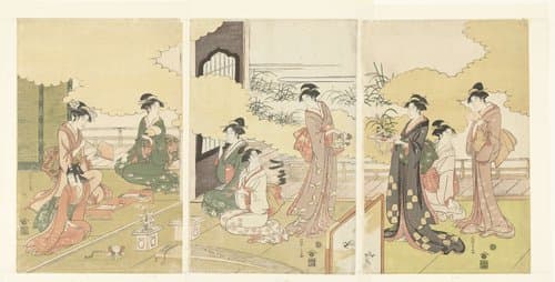 Vrouwen in een openlucht kamer by Hosoda Eishi