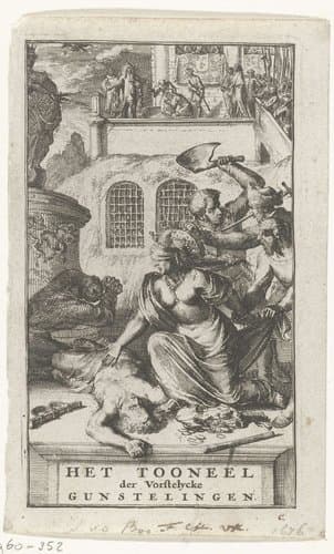 Titelprent voor 'Het tooneel der vorstelycke gunstelingen' van Lambert van den Bos by Romeyn de Hooghe