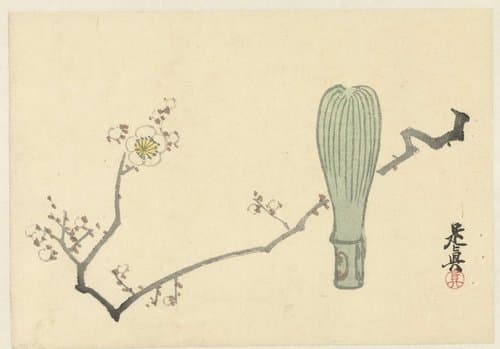 Pruimenbloesem en een theeklopper by Shibata Zeshin