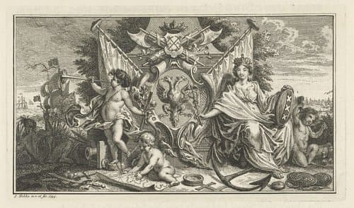 Amsterdamse Stedenmaagd bij een wapenschild by Simon Fokke