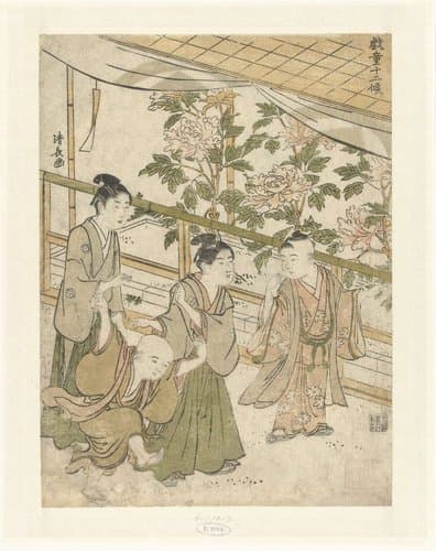 Vier jongens spelend bij een perkje met pioenrozen by Torii Kiyonaga