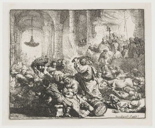 Christus jaagt de geldwisselaars uit de tempel by Rembrandt van Rijn