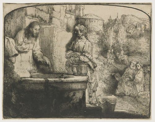 Christ and the woman of Samaria: an arched print by Rembrandt van Rijn