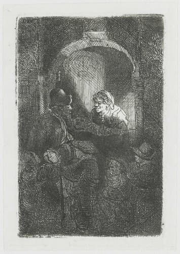 Vrouw in een deuropening, pratend met een man en kinderen by Rembrandt van Rijn