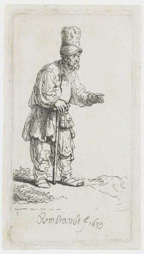 Bedelaar met hoge muts, leunend op een stok by Rembrandt van Rijn