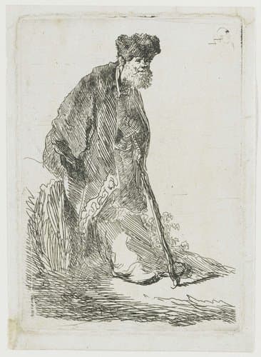 Man in a coat and fur cap leaning against a bank by Rembrandt van Rijn