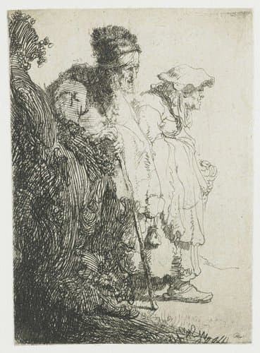 Beggar man and woman behind a bank by Rembrandt van Rijn