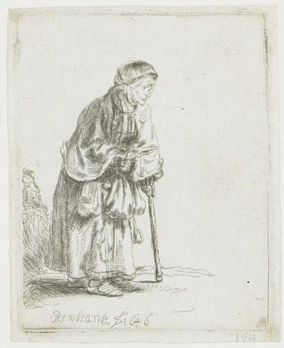 Bedelares, leunend op een stok, naar rechts by Rembrandt van Rijn