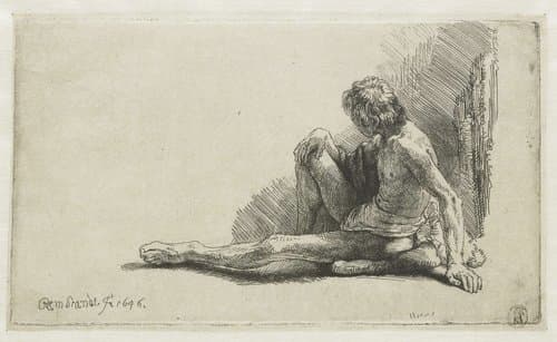 Jonge man, zittend op de grond met één been uitgestrekt by Rembrandt van Rijn