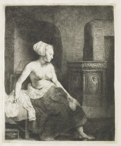 Woman sitting half dressed beside a stove by Rembrandt van Rijn
