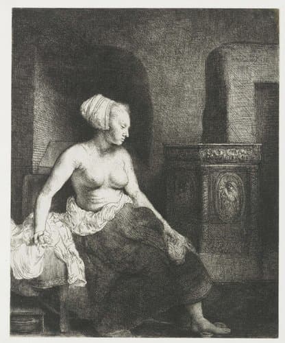 Woman sitting half dressed beside a stove by Rembrandt van Rijn