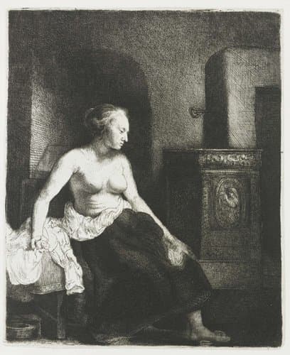 Woman sitting half dressed beside a stove by Rembrandt van Rijn