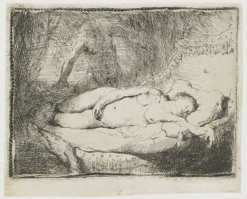Jupiter en Antiope: kleine plaat by Rembrandt van Rijn