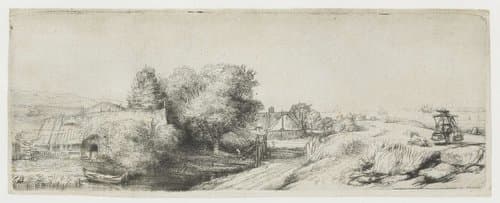 Gezicht op de Diemerdijk met boerderijen en een melkboer by Rembrandt van Rijn