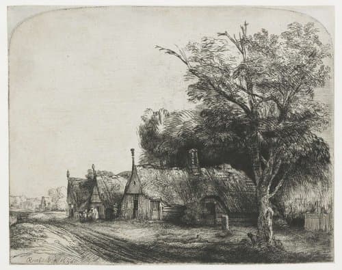 Landschap met drie boerderijen langs een weg by Rembrandt van Rijn