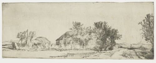 Landscape with a farmhouse along a road beside a canal by Rembrandt van Rijn