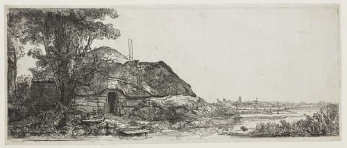 Landschap met een boerenwoning en een grote boom by Rembrandt van Rijn