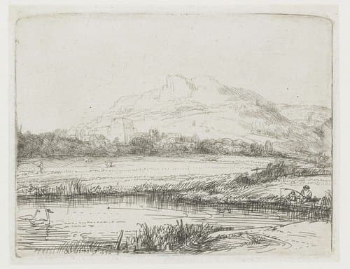 Canal with an angler and two swans by Rembrandt van Rijn