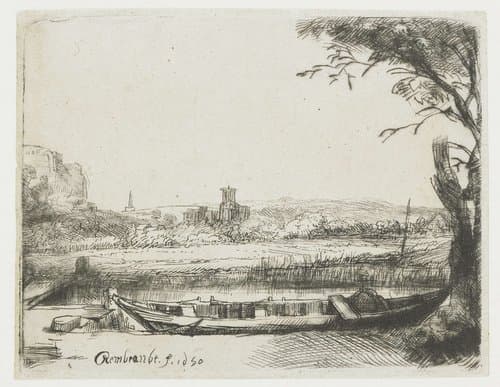 Canal with a large boat and a bridge ('Het schuytje op de voorgrond') by Rembrandt van Rijn