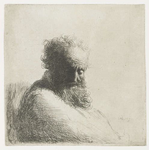 Oude man de blik naar beneden gericht: driekwart, naar rechts by Rembrandt van Rijn