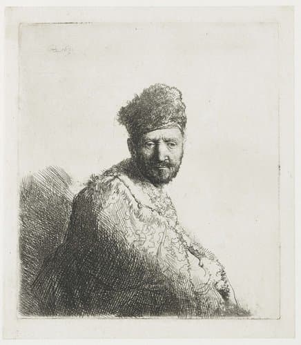 Bearded man, in a furred oriental cap and robe by Rembrandt van Rijn
