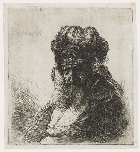 Bearded old man in a high fur cap, with eyes closed by Rembrandt van Rijn