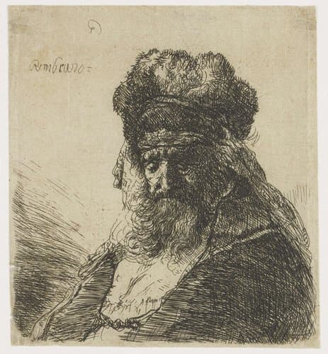 Bearded old man in a high fur cap, with eyes closed by Rembrandt van Rijn