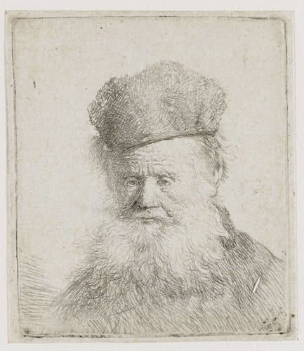 Bust of an old man with a fur cap and flowing beard by Rembrandt van Rijn