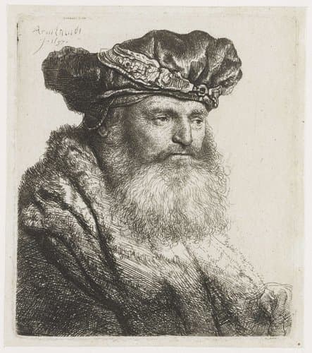 Bebaarde man met een fluwelen baret waarop een juwelen gesp by Rembrandt van Rijn