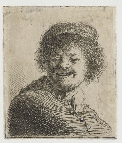 Self-portrait in a cap: laughing by Rembrandt van Rijn