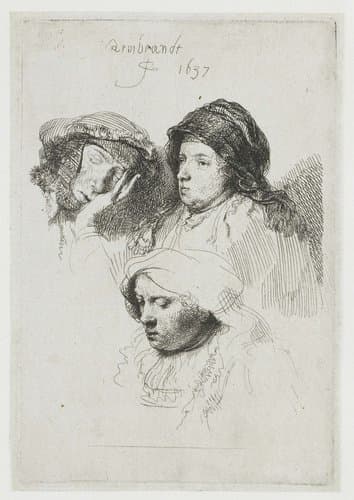 Three heads of women: one asleep by Rembrandt van Rijn